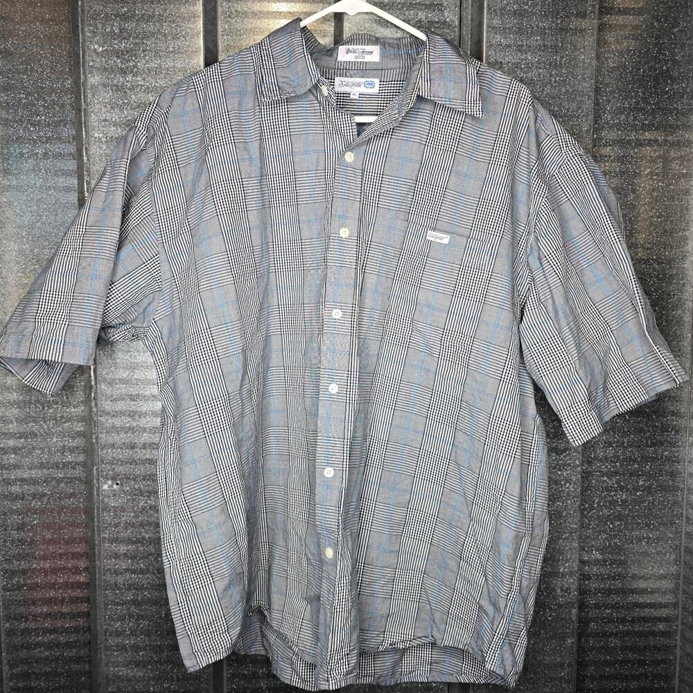 Ecko Unltd XL Gray Blue Plaid Button Up Shirt Short Sleeve 100% Cotton Men's